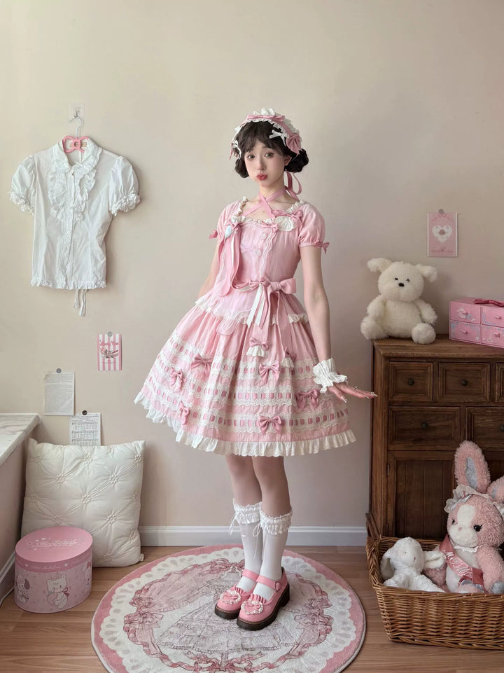 Uncle Wall Original~Cream Piping Artist~Cotton Sweet Lolita OP Halter-neck Dress With Accessory