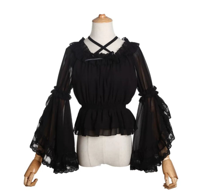 Motadalu~Classic Lolita Shirt Lace Princess Sleeves Chiffon Lolita Blouse Black (cross-over halter strap neckline) Free size