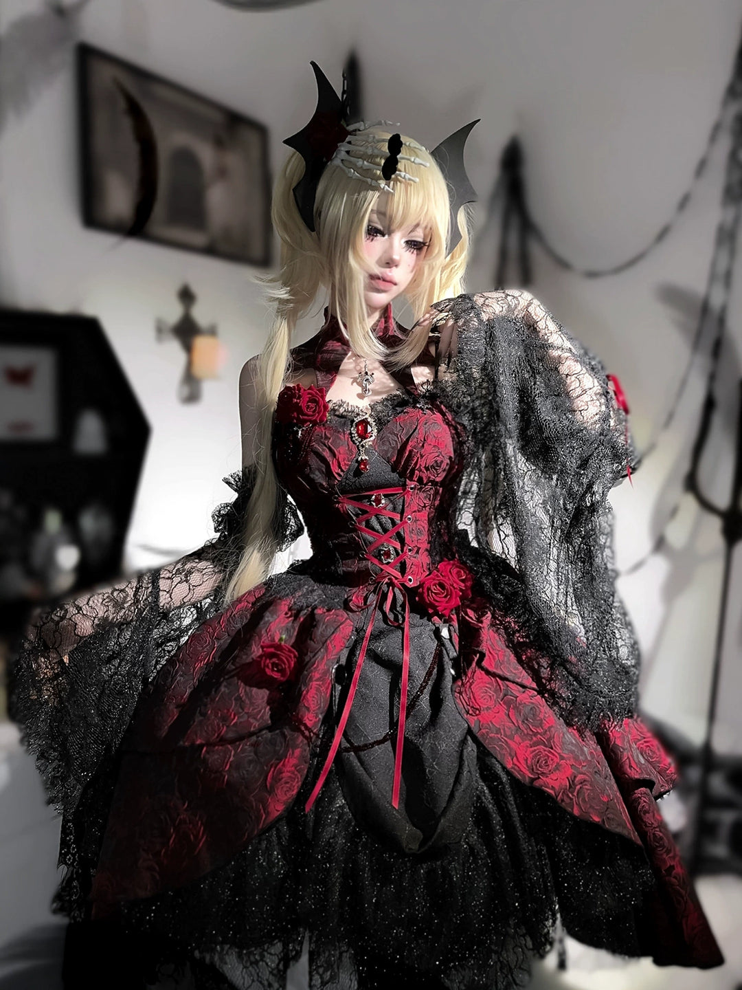 Cornfield Lolita~Rose Blood~Black Red Gothic Lolita JSK Jacquard Court Dress 40688:673024