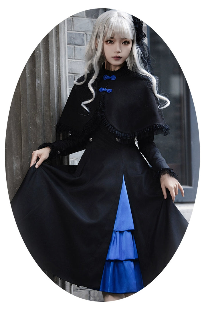 (BFM)With PUJI~Night Serenade~Retro Lolita Cloak Color-Blocked Blue and Black Cape OP Set   