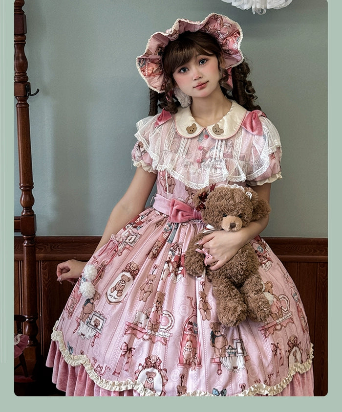 Alice Girl~Bear Doll Wall~Sweet Lolita OP Lovely Bear Print Dress   