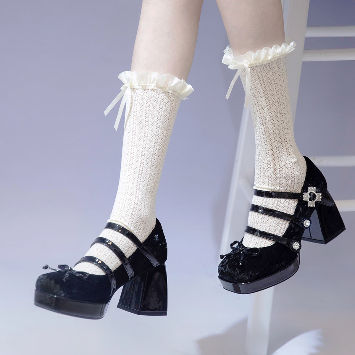 Pure Tea For Dream~Vintage Lolita Velvet Bow High-heel Shoes 35 velvet black 