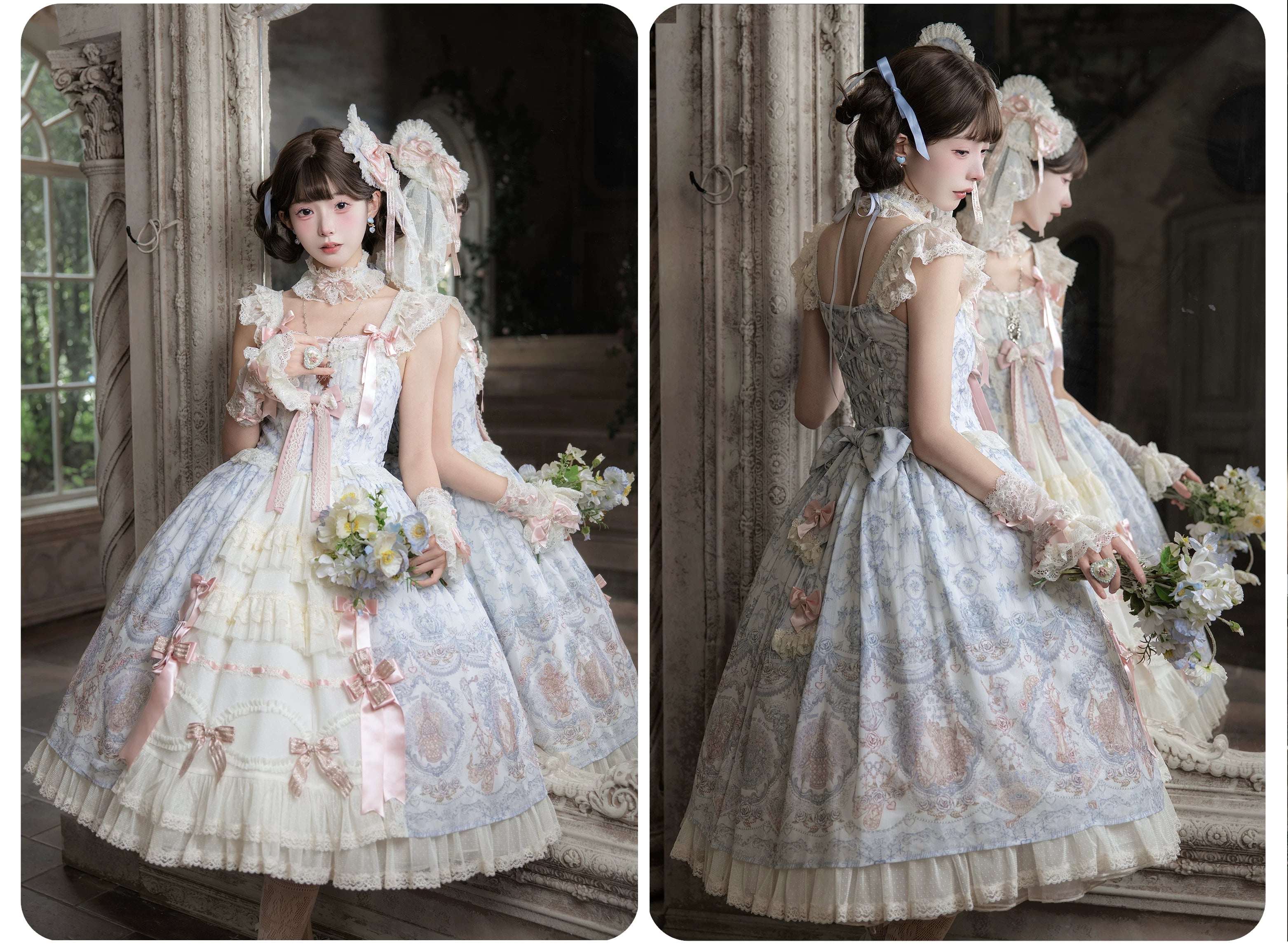 Rose Fragrance - Classic Lolita Lace JSK & OP Dress, Rose & Perfume Bottle Print 45850:865584