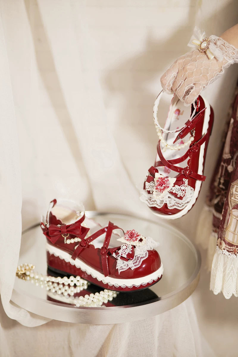 Pearl Floral Reverie - Sweet Lolita Shoes, Detachable Pearl Chain and Floral Accent 45531:852243
