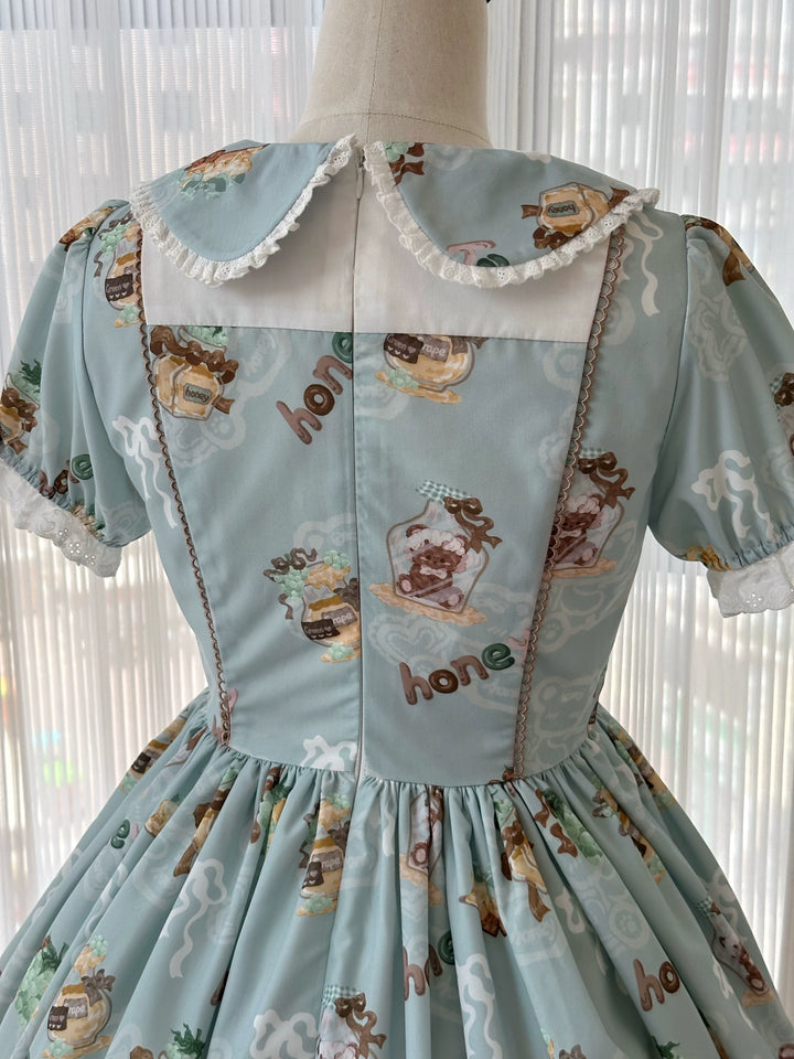 Babyblue~Little Bear Honey Jar~Kawaii Lolita Short Sleeve OP Gingerbread Man Embroidered Dress   