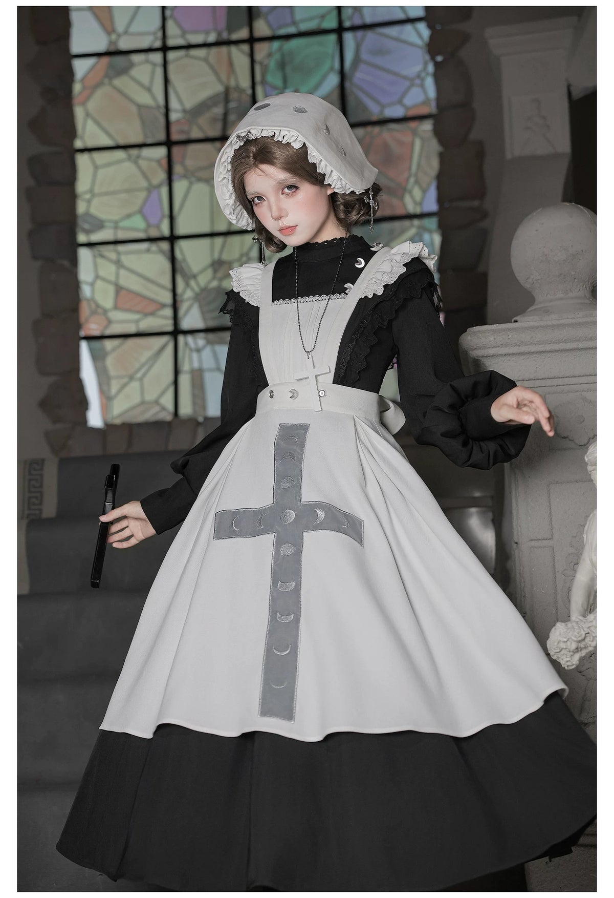 Moon Phase - Gothic Lolita OP Dress Set, Detachable Cross-Shaped Apron 46035:873382