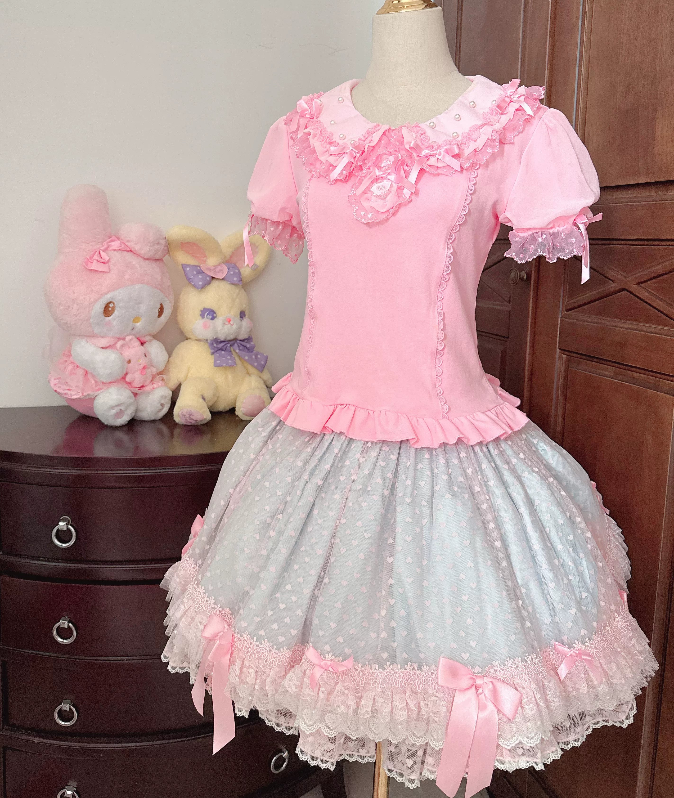 Sea Coconut - Cotton Old School Lolita Peter Pan Collar Blouse with Lace Hot Pink - Short Sleeve Blouse Small