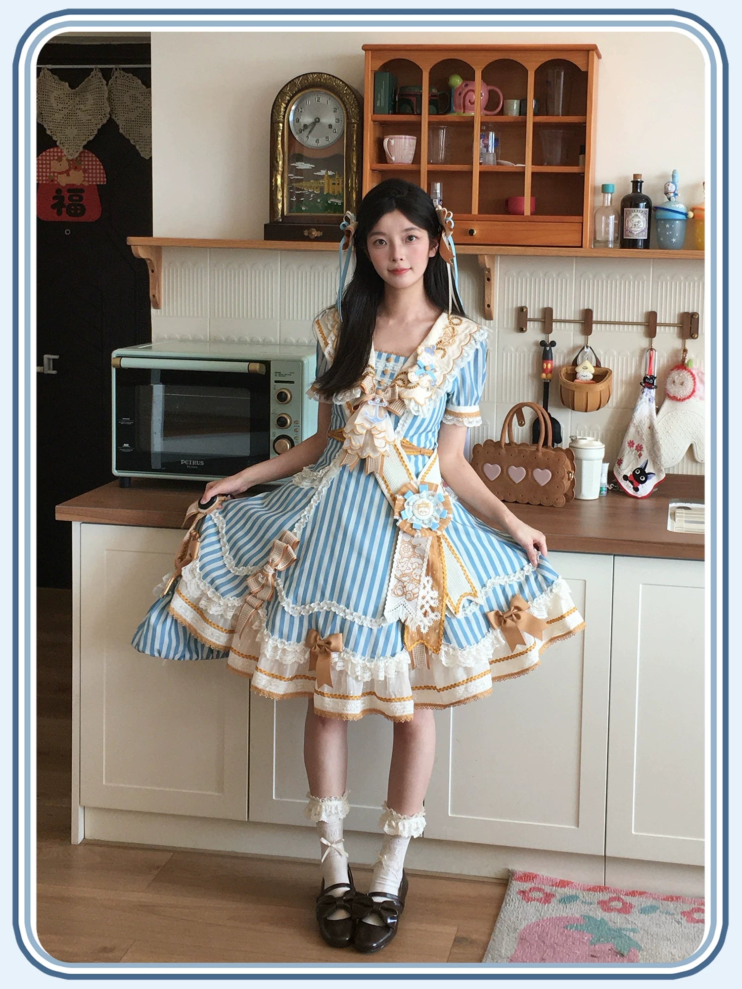 Antique Naval Bear - Striped Classic Lolita Sailor Collar OP, Bear Embroidery 45518:853958