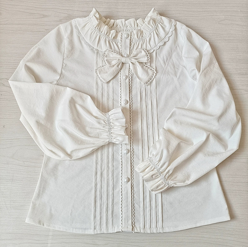 Youlan Lane - Daily Lolita Shirt lace Ruffled Blouse Round Neck XS White (slightly beige)