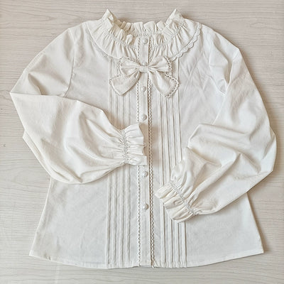 Youlan Lane~Daily Lolita Shirt lace Ruffled Blouse Round Neck XS White (slightly beige) 