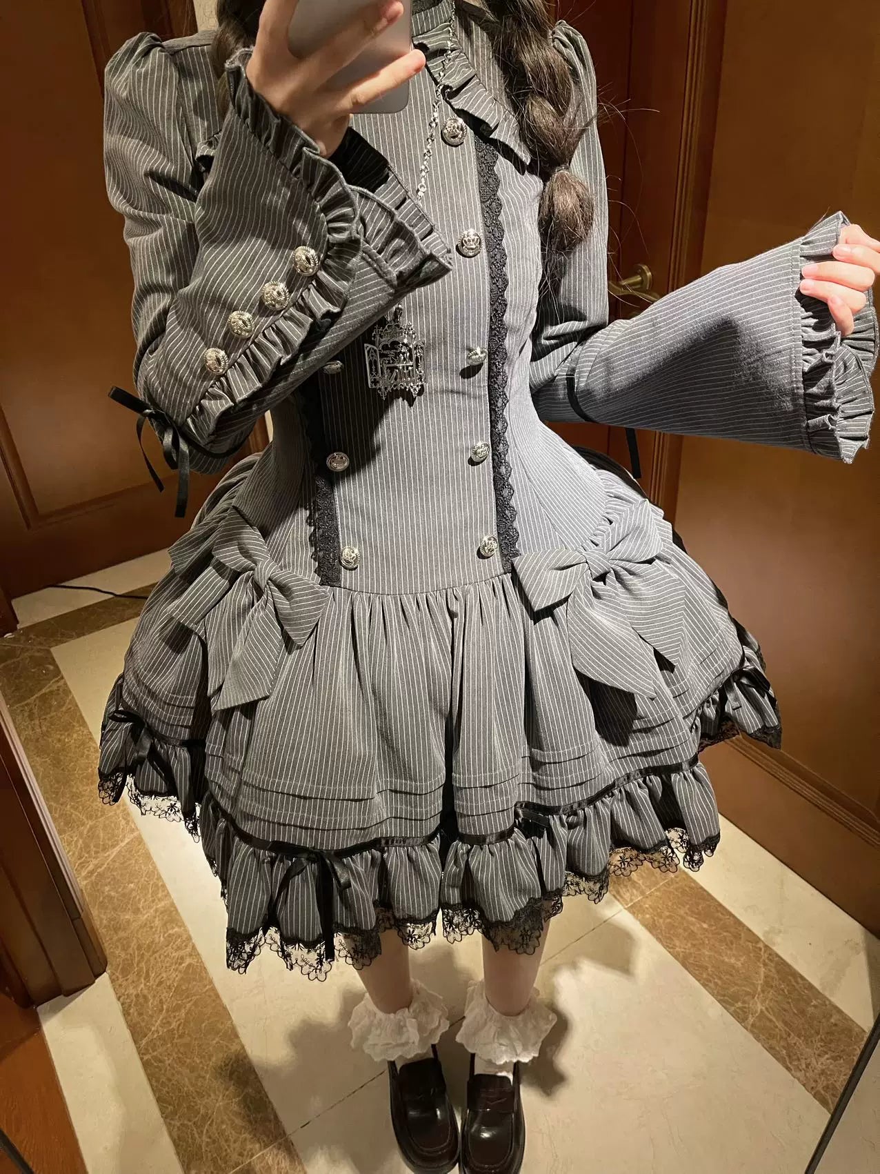 Phantom Kitty - Old School Lolita Low Waist OP Dress, Lace & Bow 45119:836214