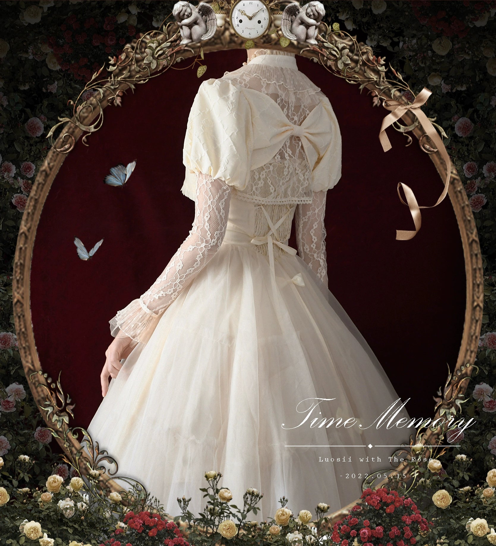 Time Memory - Petite Rose - Classic Lolita Bolero with Lace Sleeves Light Apricot Bow Version S