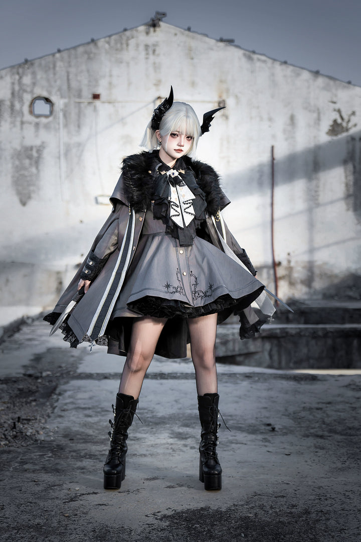 Your Highness~Warrior's Oath~Military Lolita Trench Coat Gothic Lolita Cape Suit Gray full set (please note: skirt/pants) XS