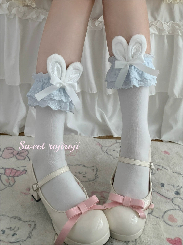 Roji roji~Cotton Lolita Bunny Ear Socks Summer Bow Short Socks Short socks (about 34cm) white ear with blue lace