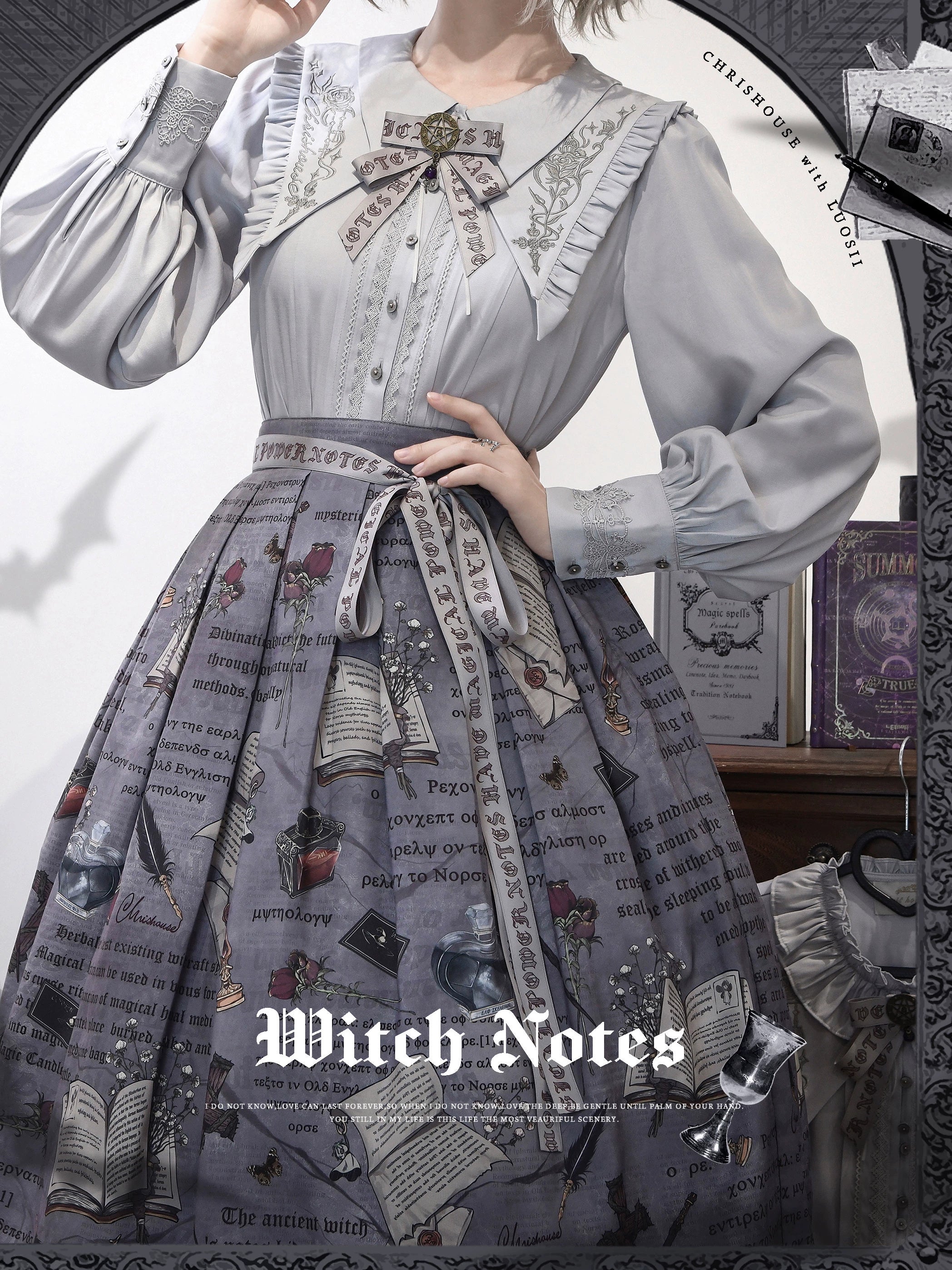 Chris House Lolita - Witch Notes - Gothic Loliat Embroidered Dress Suit, Cross and Rose Print (L M S XL) 44096:795023