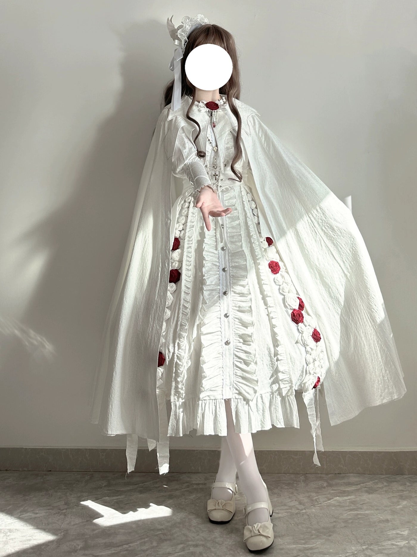 (BFM)Sweet Dreams~Vintage Gothic Rose Wedding Sweet Dream Lolita Dress Free size White long dress full set 