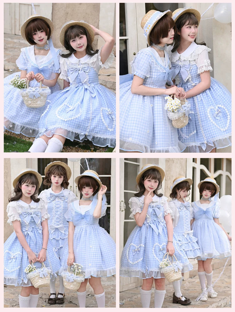 Daisy Cake - Blue Plaid Sweet Lolita JSK Dress, Daisy-trimmed Bows