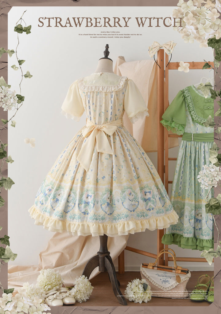 Strawberry Witch~Lily of the Valley Kitten~Country Lolita OP with Embroidery and Cat Print 42299:743233