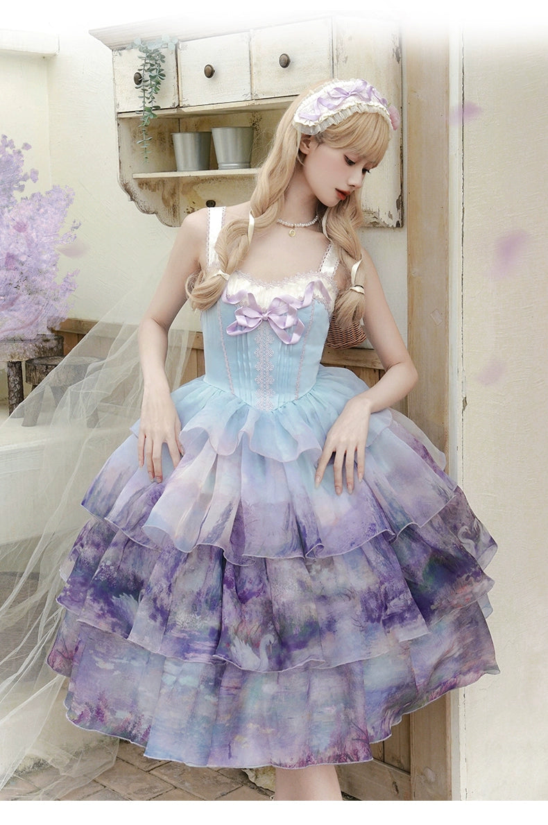 Urtto~Swan Lake~Sweet Lolita JSK Dress Tiered Oil Painting Dress   