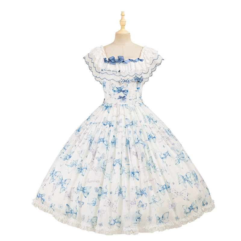 Summer Fairy~Eternal Garden~Sweet Lolita Dress Suit Elegant Open-Shoulder OP and JSK Light blue open-shoulder OP XS