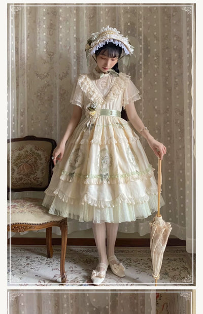 Nectarine White Tea~Elegant Lolita Beige Flower Print Dress XS full set (dress+a pair of side clips+a flat hat+a flower decoration) 