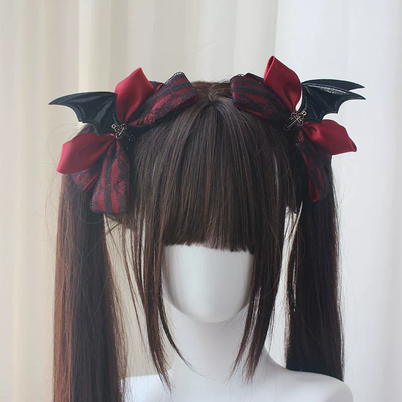 Gothic Lolita Hair Clips, Cross & Devil Wings Wine Red