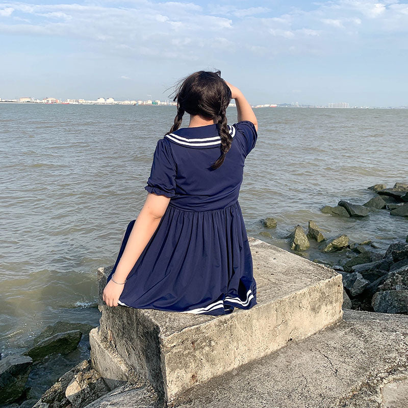 Niu Niu~Plus Size Lolita Dress Navy Sailor Swimsuit Short Sleeve   