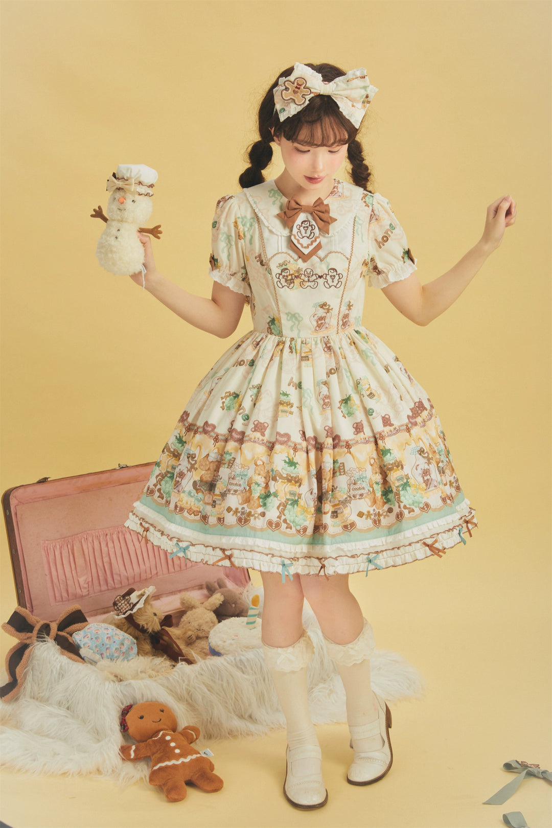 Babyblue~Little Bear Honey Jar~Kawaii Lolita Short Sleeve OP Gingerbread Man Embroidered Dress   