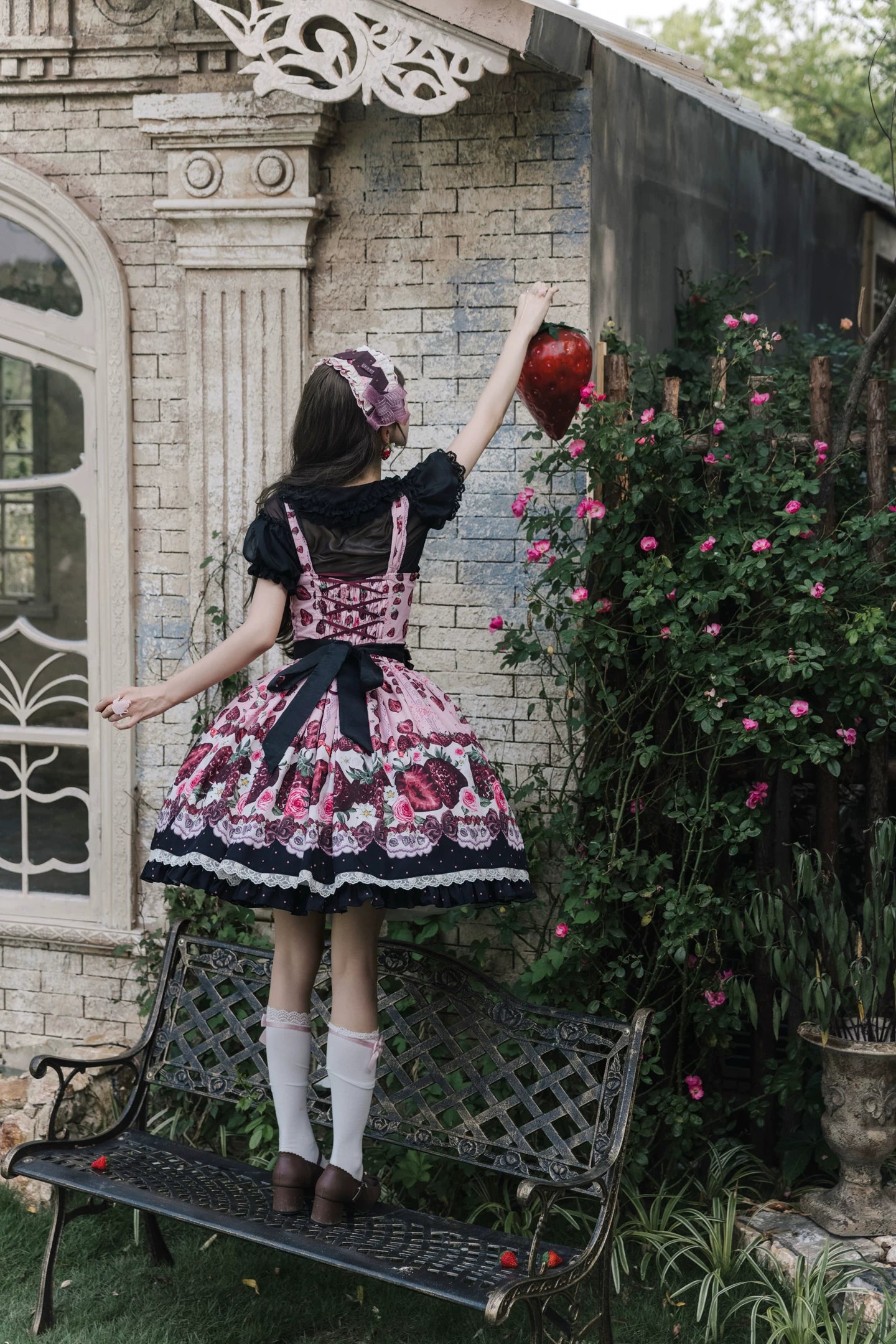 Dark Berry Fairytale - Cotton Sweet Lolita Strawberry Printed OP & JSK Dress 45629:856424