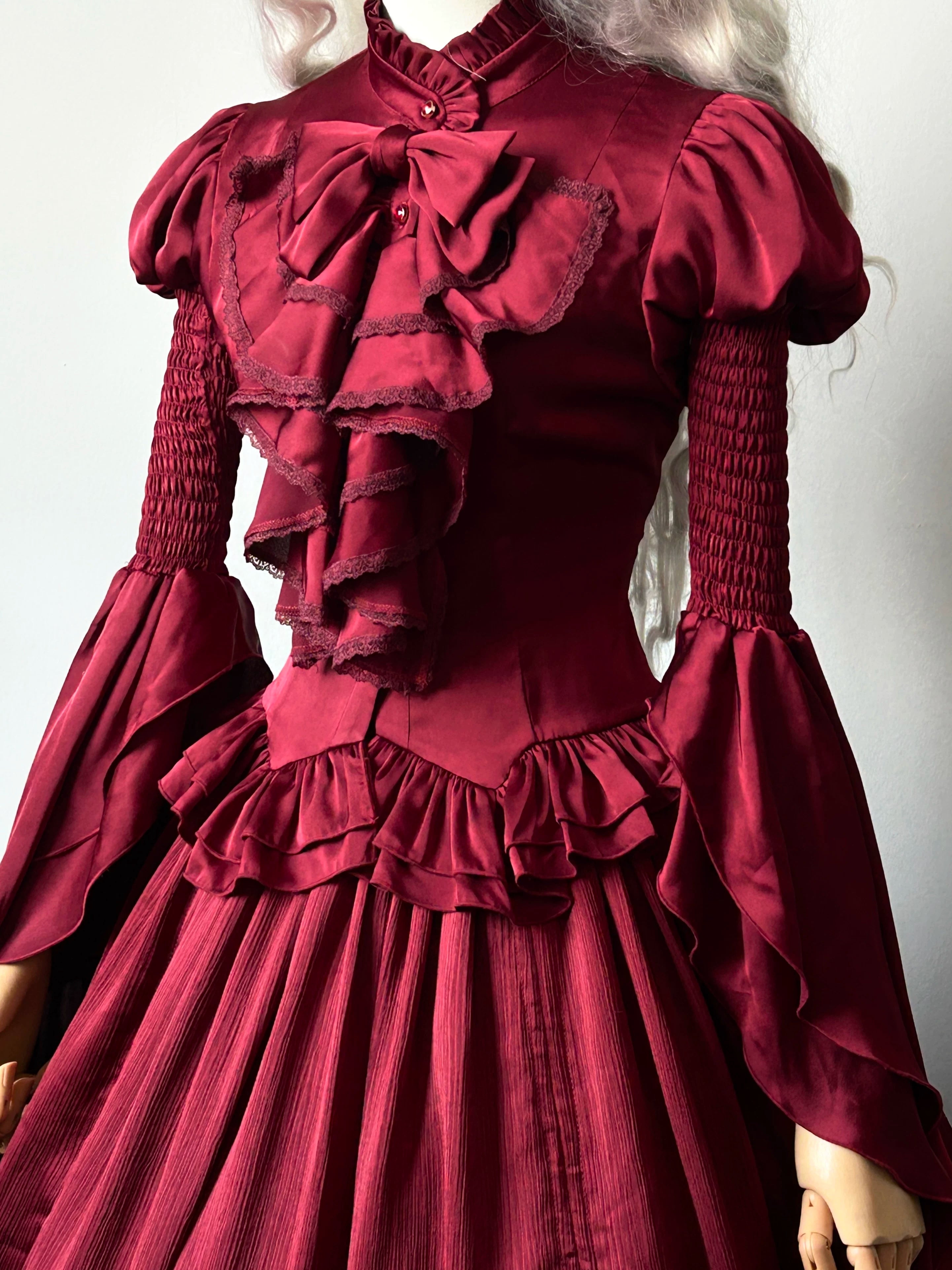 Dragon Bone Cemetery - Gothic Lolita Blouse, Detachable Bell Sleeves Burgundy Blouse + Bow Brooch + Detachable Bell Sleeves S