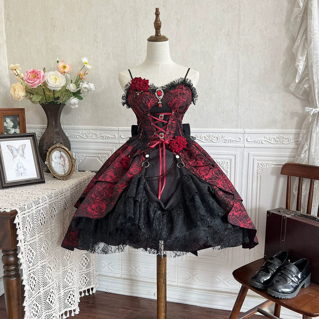 Cornfield Lolita~Rose Blood~Black Red Gothic Lolita JSK Jacquard Court Dress 40688:673040