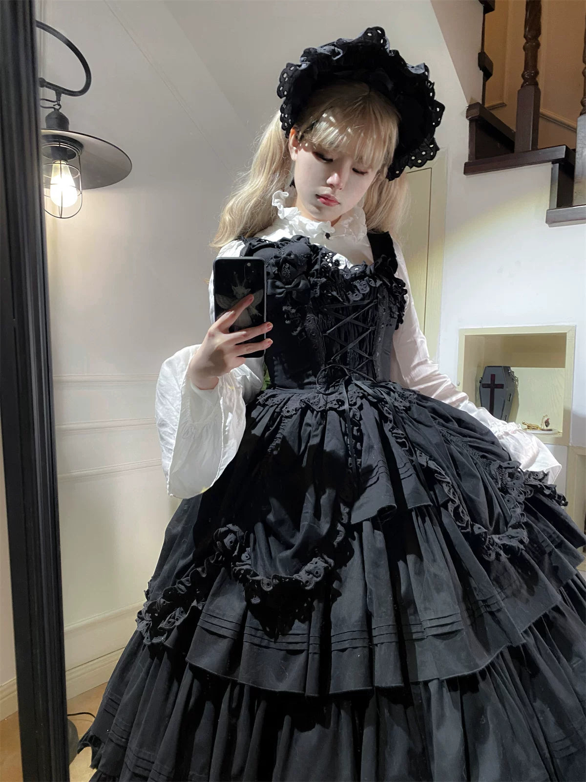 Cotton Gothic Lolita Long JSK, Drawn-up Hem 45213:841001