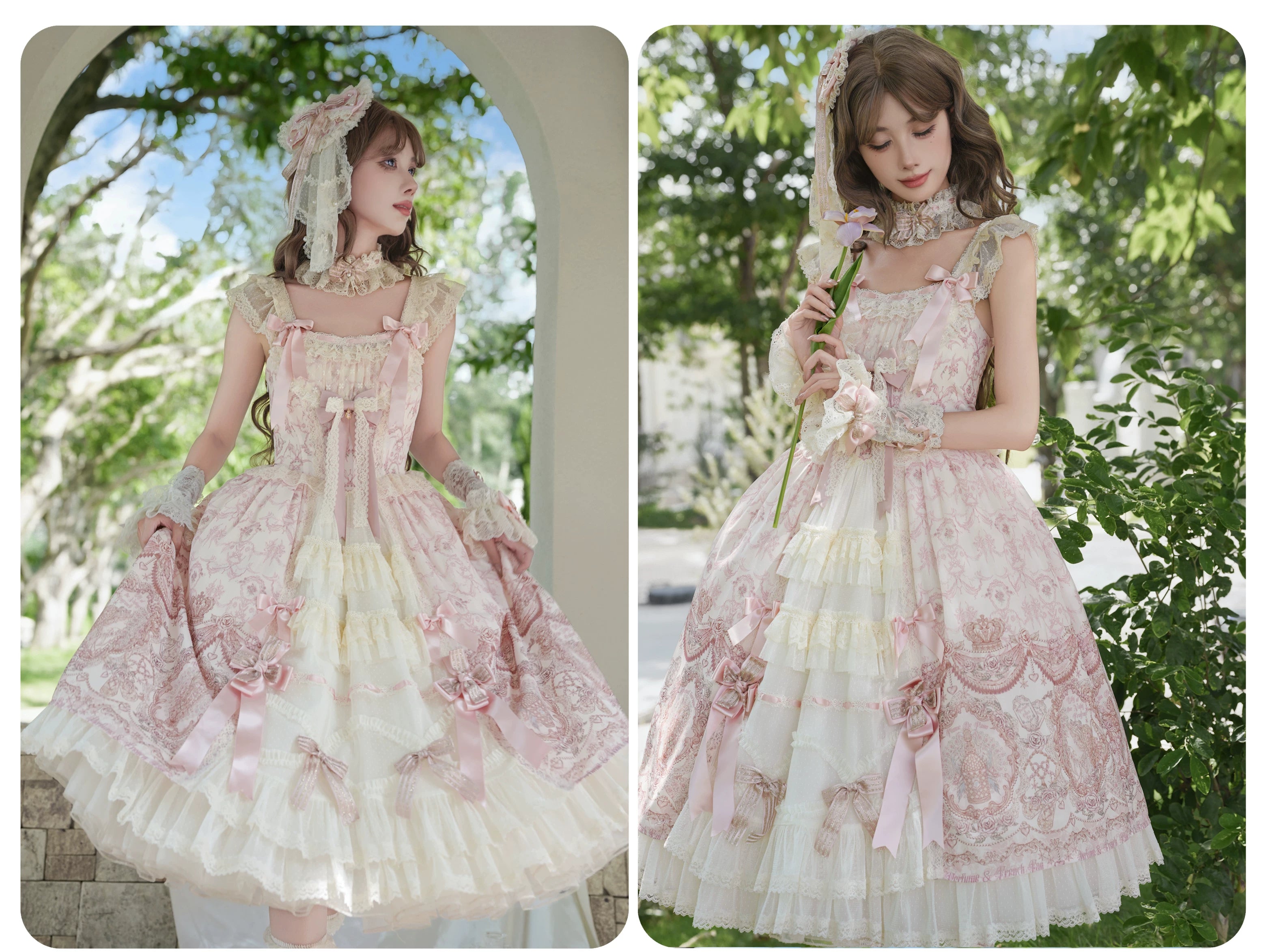 Rose Fragrance - Classic Lolita Lace JSK & OP Dress, Rose & Perfume Bottle Print 45850:865586