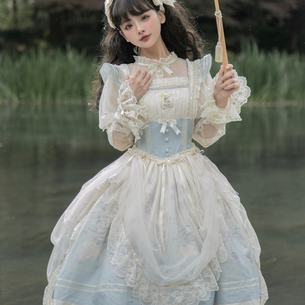 Cute Girl~Sweet Lolita JSK Dress Gradient Ballet Dress S Blue Ballet Bunny JSK + Inner Wear + Headband 