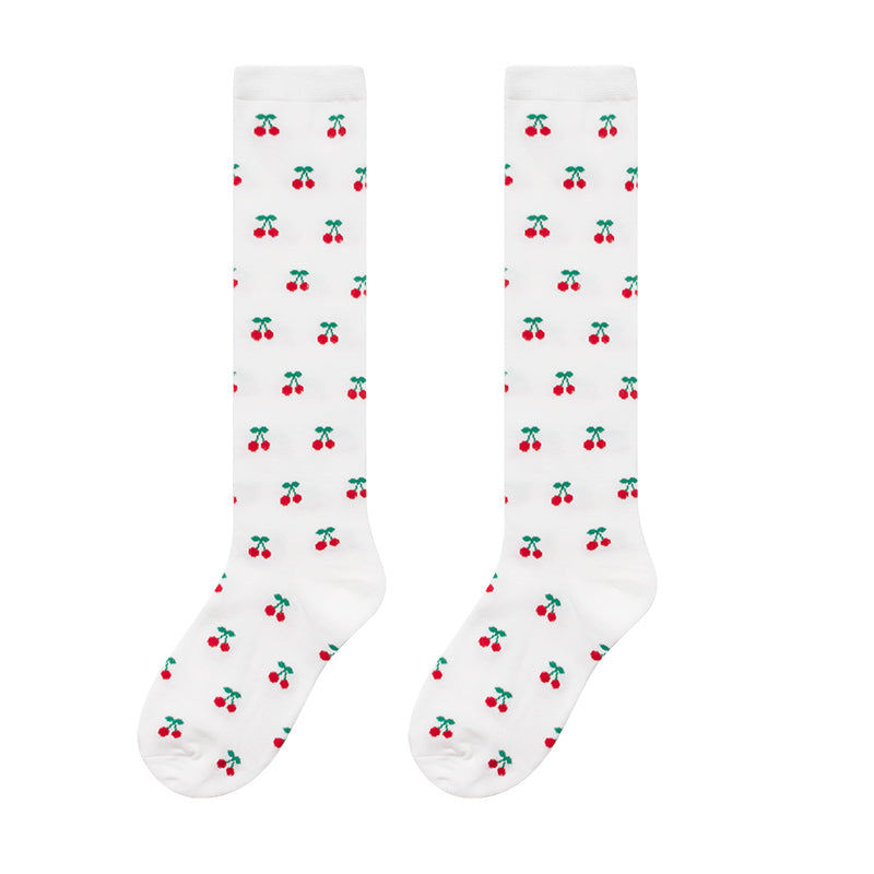 WAGUIR~Japanese Cute Cherry Cotton Printed Lolita Socks free size white long socks 