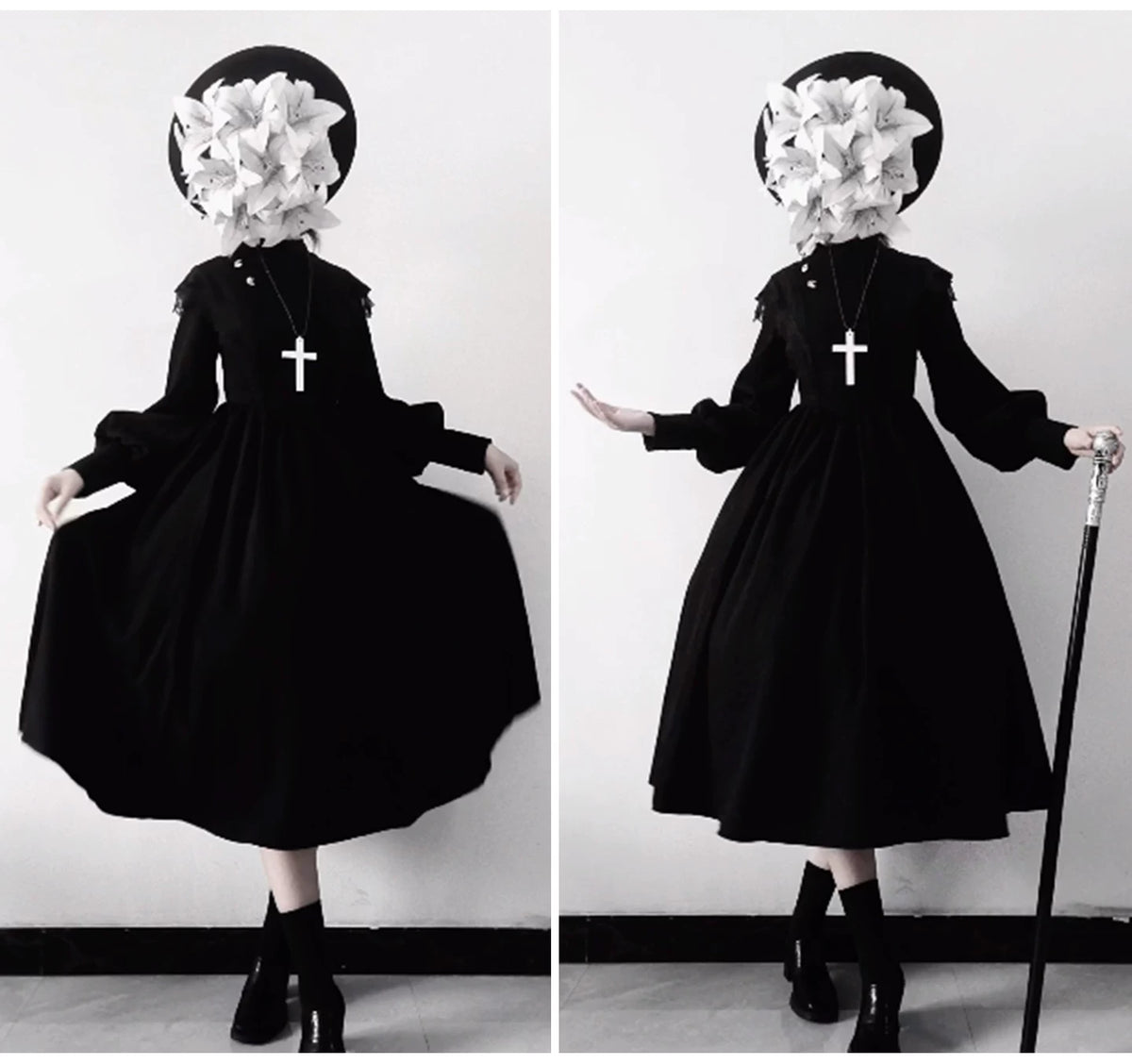 Moon Phase - Gothic Lolita OP Dress Set, Detachable Cross-Shaped Apron 46035:873431