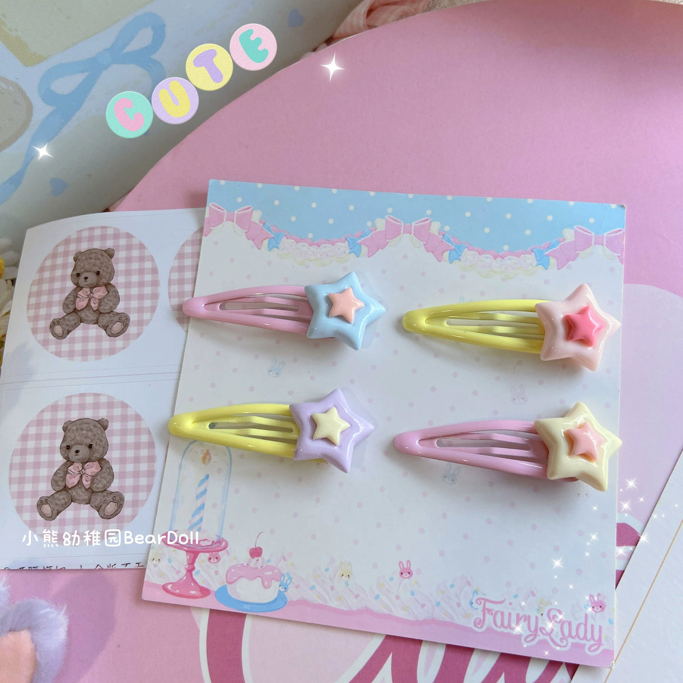 Bear Doll~Kawaii Lolita Hair Pin Adult Children Hello Kitty Hair Clip Blue Stars  
