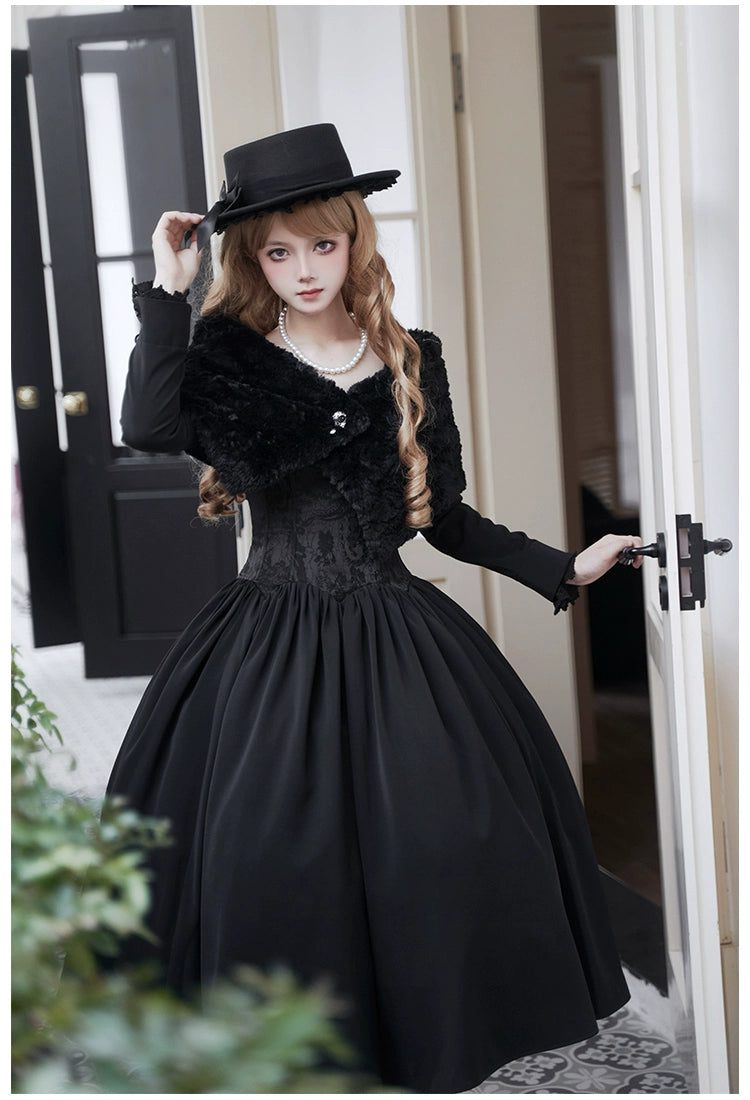 With PUJI~Old Testament~Classic Lolita Coat Black Plush Lolita Cape and Brooch