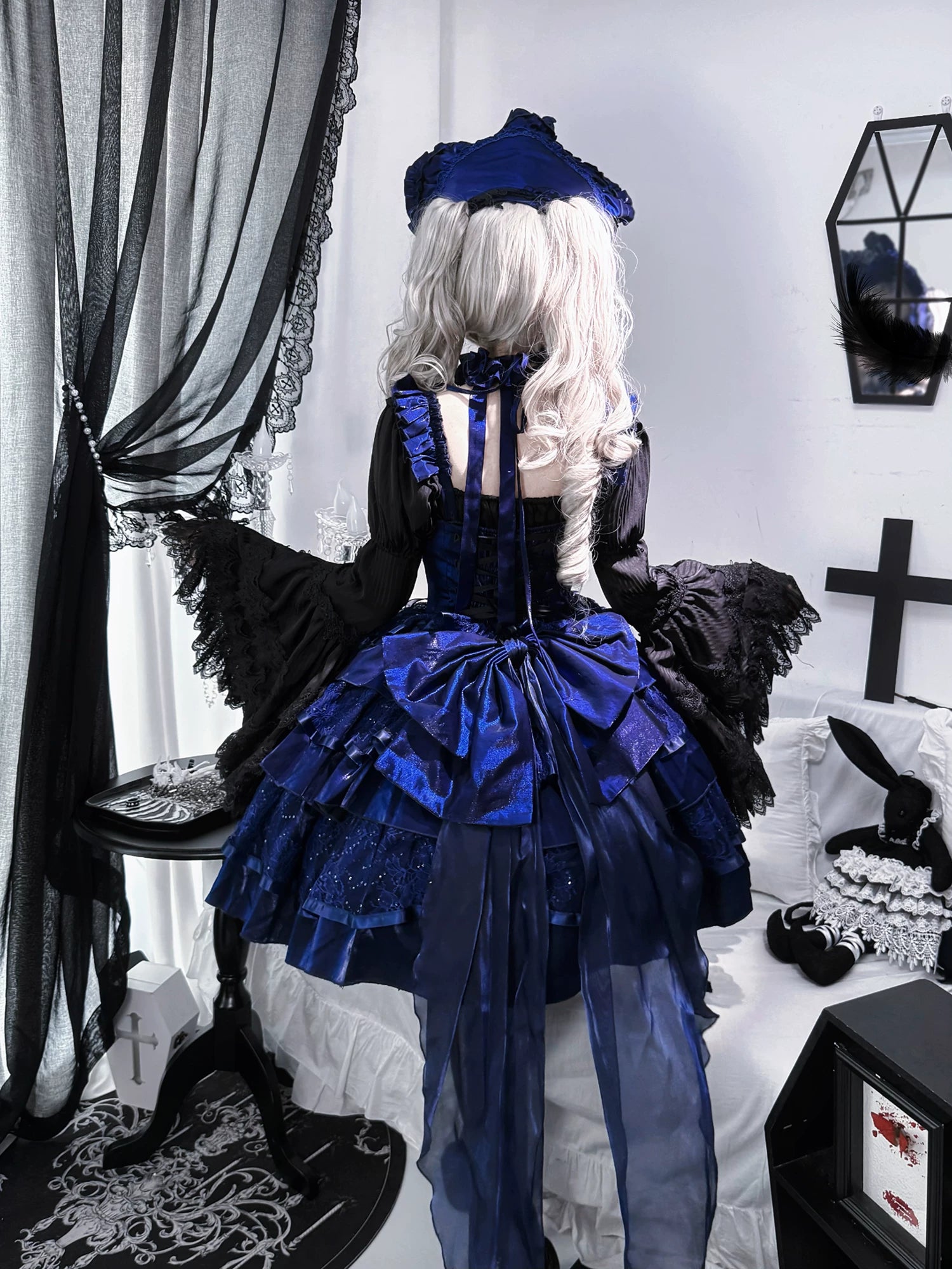 Eternal Night Rose - Gothic Lolita Doll Style JSK Dress, Tiered Ruffles Back Trailing Bow Only (not sold separately) S