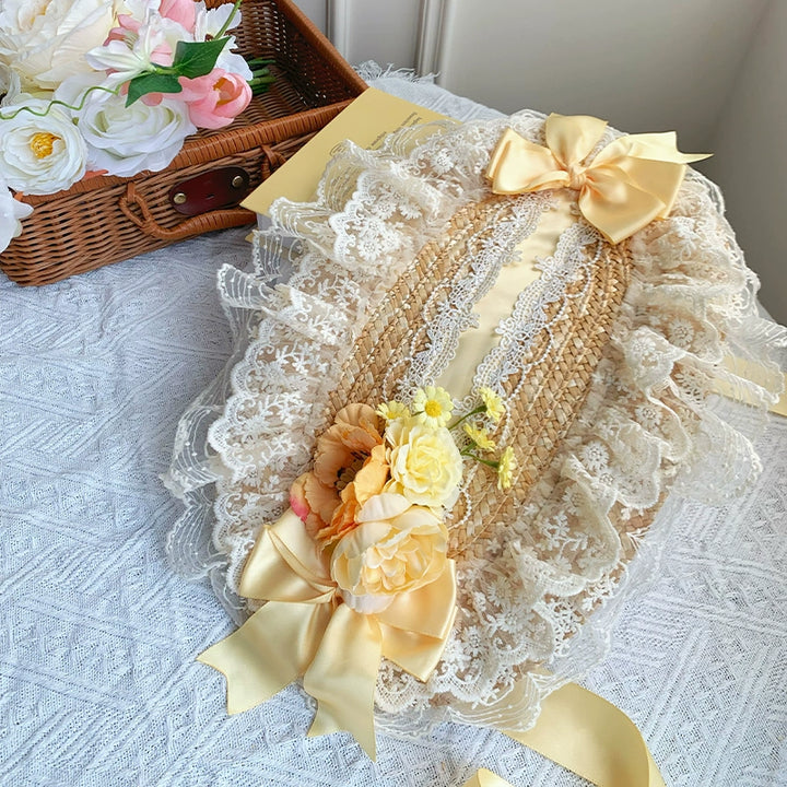 With PUJI~Floral Language~Country Lolita Lace Bow Flat Cap Straw Hat free size yellow 