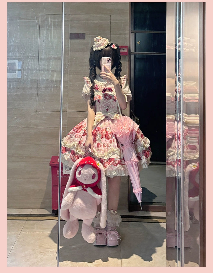 Strawberry Fantasia~Sweet Lolita OP Dress Set Puffy Skirt Long JSK and Shirt