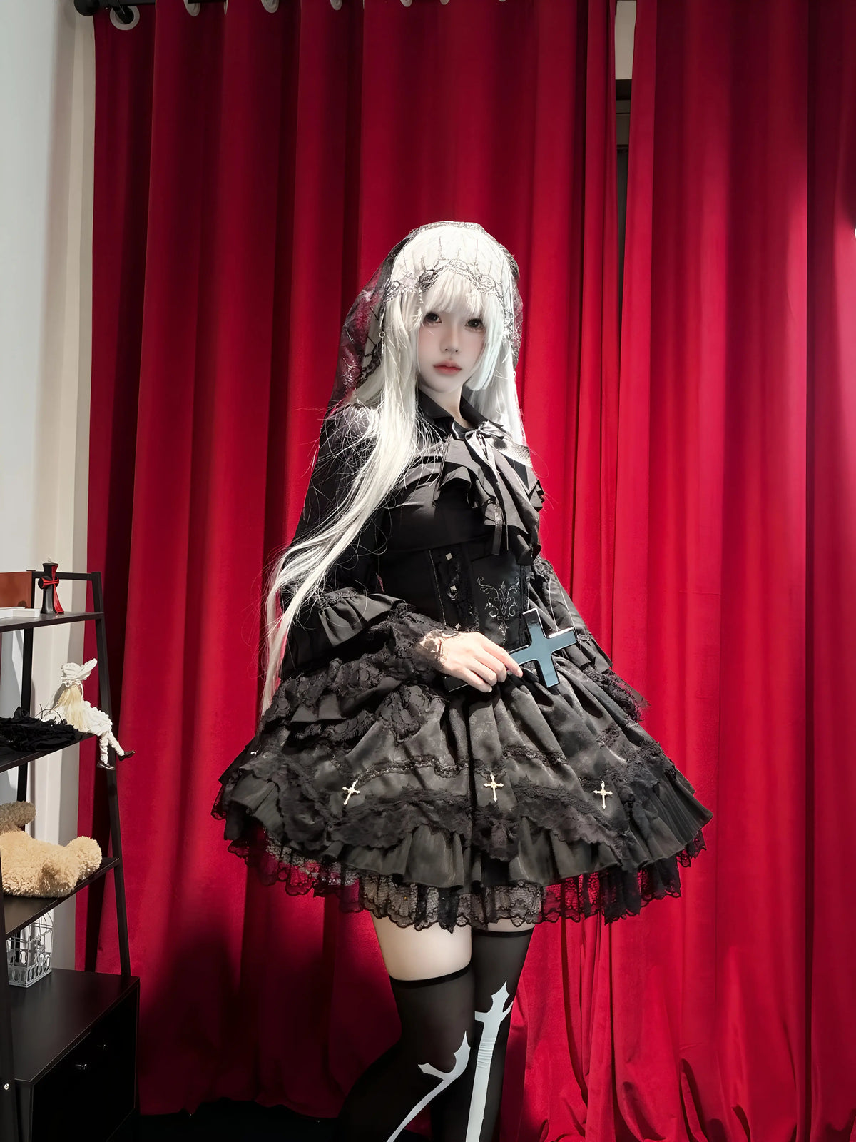 Halloween Gothic Lolita Boned Skirt with Cross Accent 46086:874279