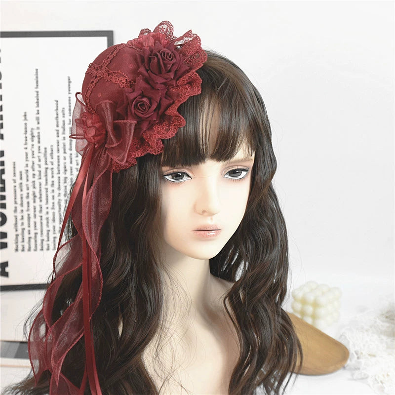 Youge Original Accessory - Gothic Lolita Red Top Hat, Rose & Bow 44131:796371