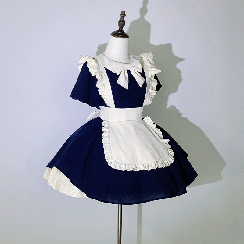 With PUJI~KissKiss~Maid Lolita OP Dress Pleated Lace Multicolor Dress S Dark indigo OP + beige bow