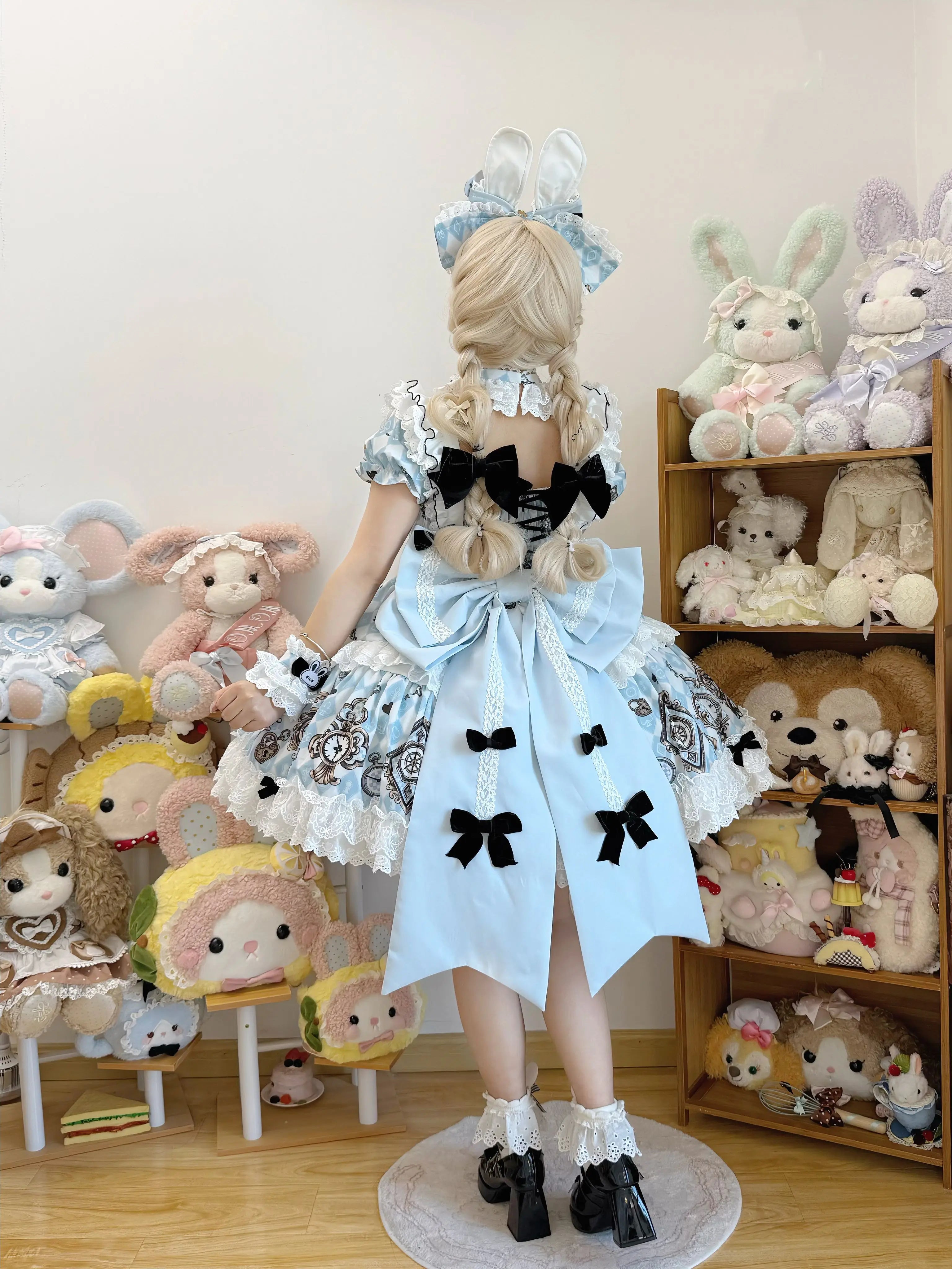 Unnamed Journey - Sweet Lolita Argyle Printed OP Dress with Bunny Details (Blue / 2XL L M S XL XS) 45510:850383