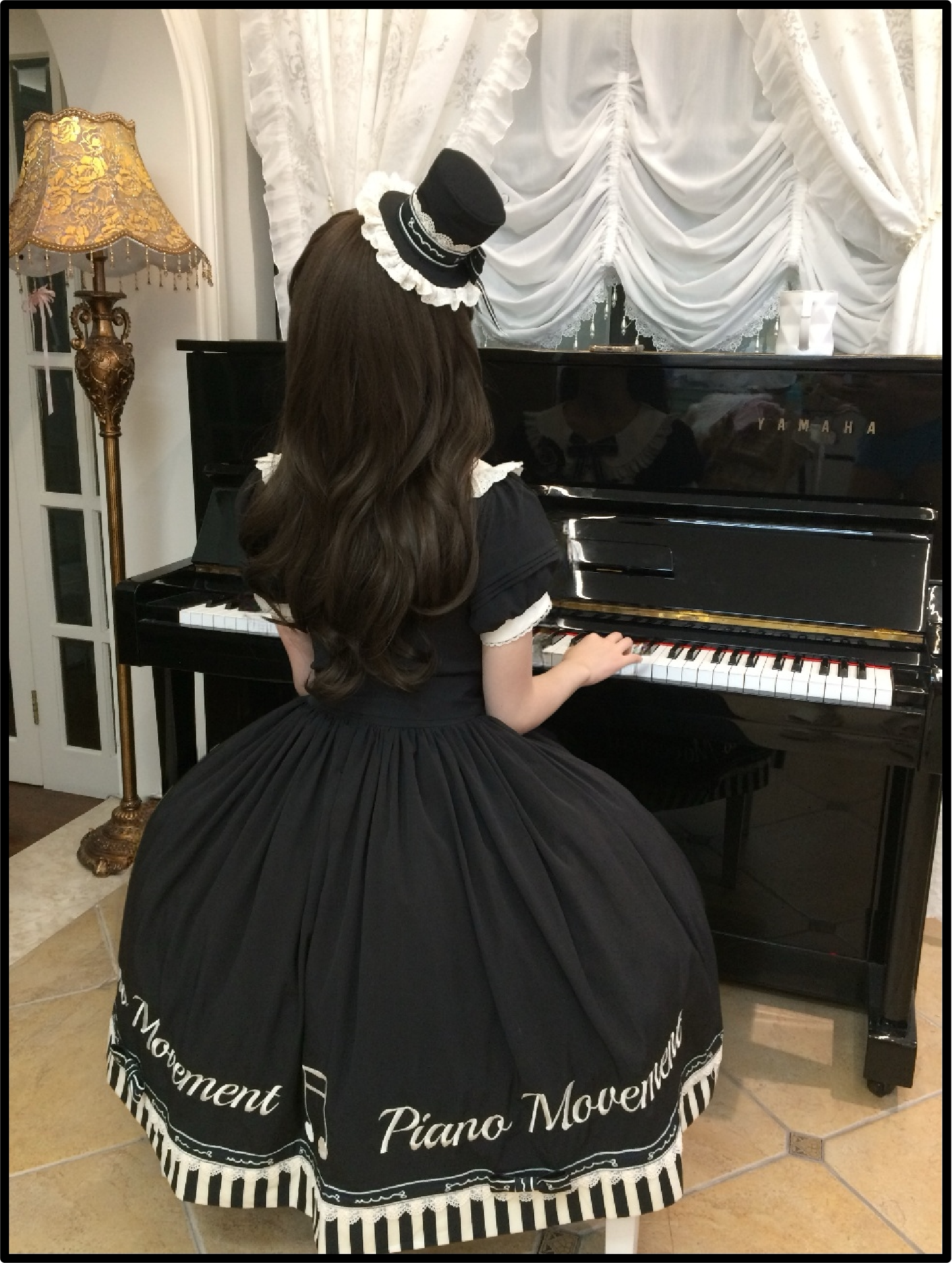 Birdsong Melody - Piano-themed Old School Lolita OP Dress, Side Pockets 45818:863224