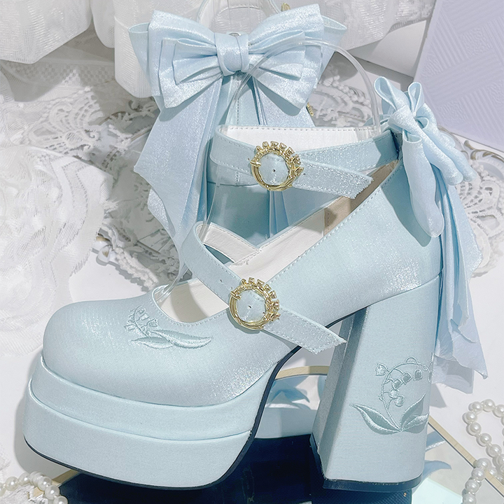 Dreamland~Floating Dream Lily~Elegant Lolita High Heel Shoes Butterfly Knot Shoes 34 Light blue 