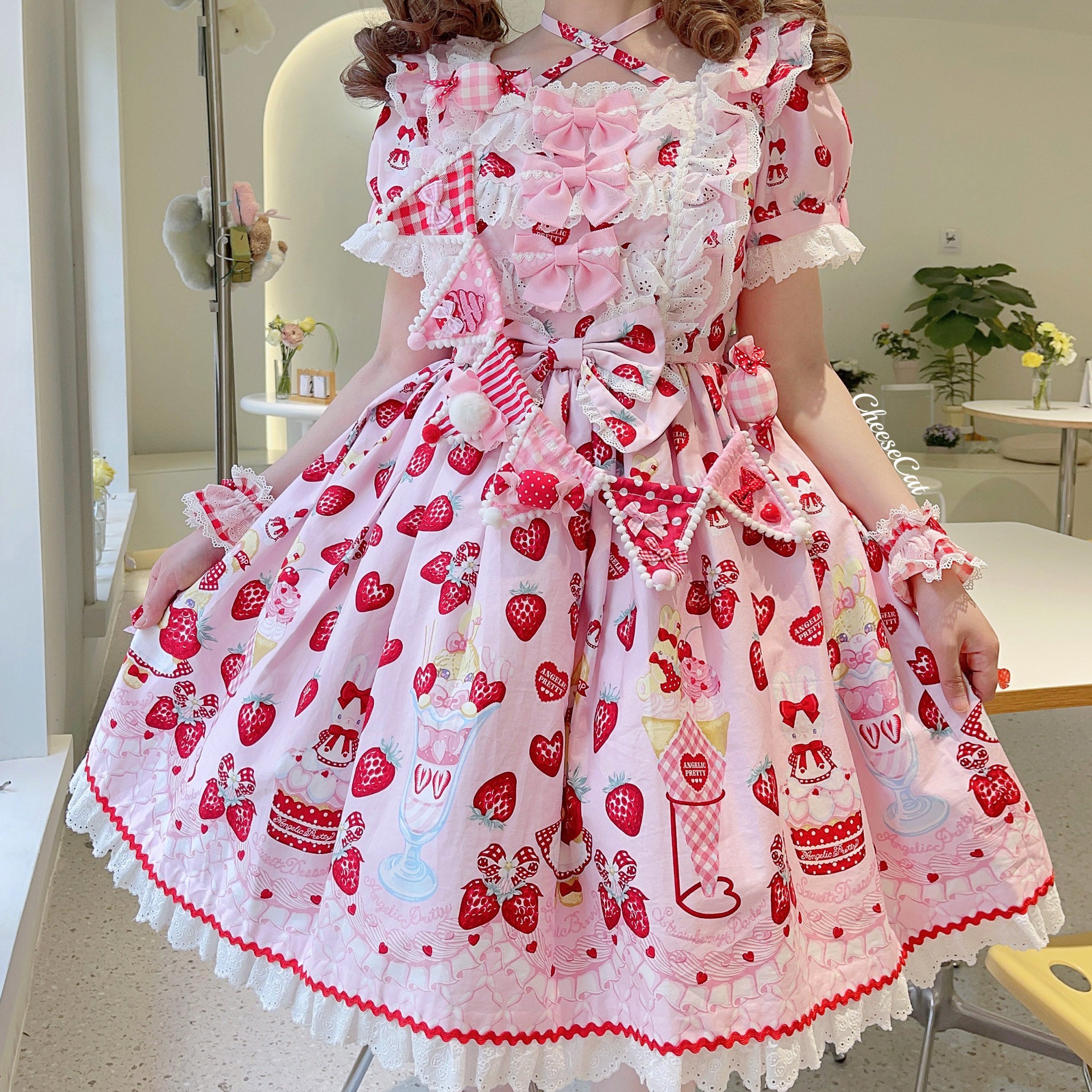 Cheese Cat - Sweet and Playful Strawberry Gingham Lace Cuffs
