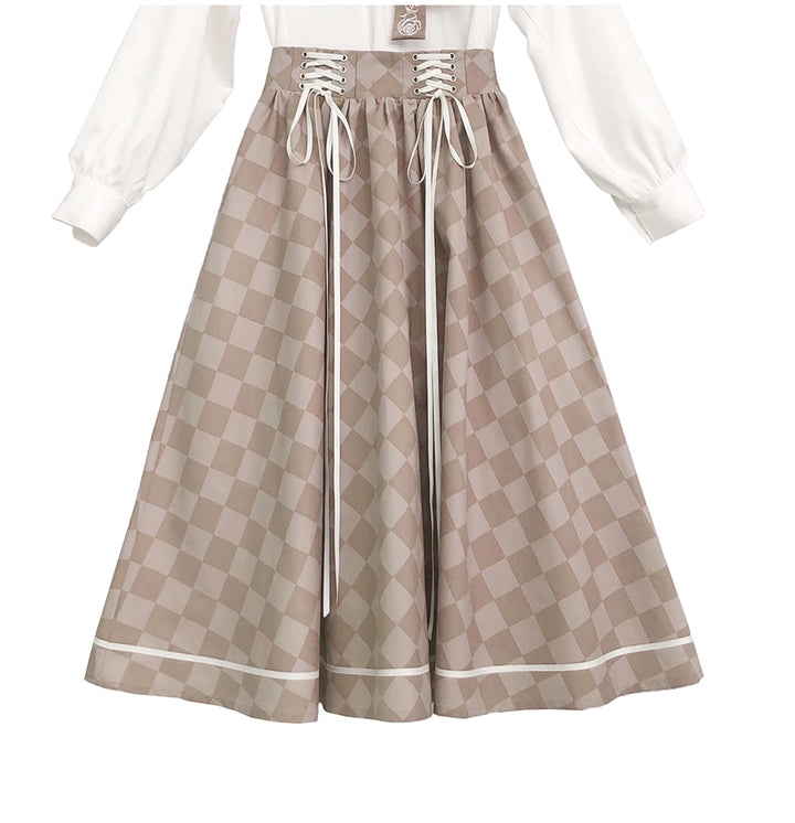 (BFM)HuTaoMuJK~French Vintage Long Skirt Set Elegant Plaind Pattern printed long SK only S 