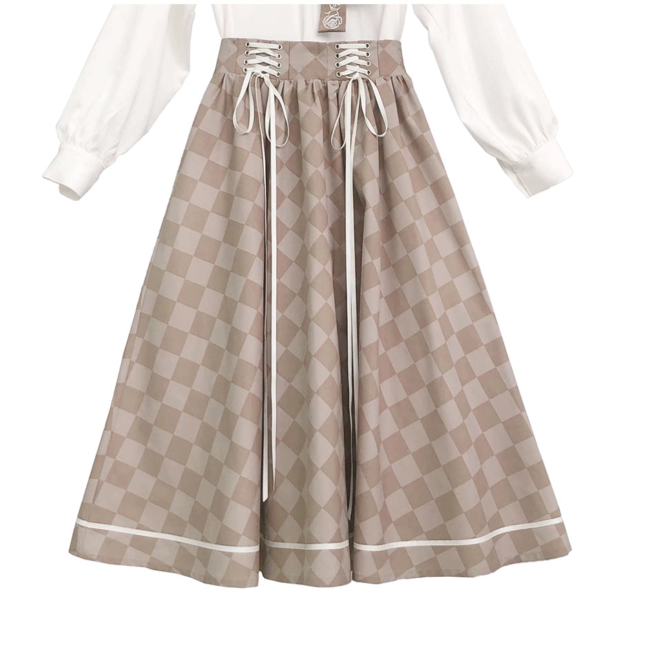 (BFM)HuTaoMuJK~French Vintage Long Skirt Set Elegant Plaind Pattern printed long SK only S 